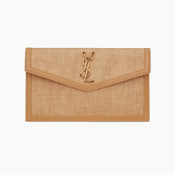 YSL Tan Clutch with Gold Logo - Picture 1 of 7